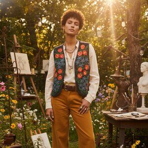 VTG Xela Exchange Womens Embroidered Cotton Boho Cottage Festival Vest Medium